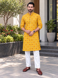 LENIA Men’s Printed Cotton Blend Straight Kurta – Mustard Yellow