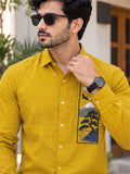 Men's Mustard Yellow Mountain Landscape Graphic Poly Cotton Full-Sleeve Casual Shirt