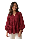 LENIA Women's Ajanta Fabric Tiered Peplum Top with Balloon Sleeves