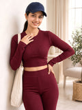 LENIA Women's Double Jersey Ribbed Co-Ord Set – Long Sleeve Crop Top & Flared Pants