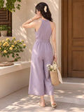 LENIA Women's Heavy Fabric Sleeveless Halter-Neck Jumpsuit with Waist Tie