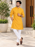 LENIA Men’s Printed Cotton Blend Straight Kurta – Mustard Yellow