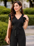LENIA Women’s Maroon Heavy Vista Georgette Jumpsuit with Ruffle Sleeves and Waist Tie Belt