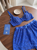 Women’s Blue Lace Lingerie Set | Sheer Floral Lace Bra & Shorts Nightwear Set (129)