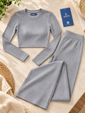 LENIA Women's Double Jersey Ribbed Co-Ord Set – Long Sleeve Crop Top & Flared Pants