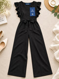 LENIA Women’s Maroon Heavy Vista Georgette Jumpsuit with Ruffle Sleeves and Waist Tie Belt