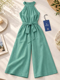 LENIA Women's Heavy Fabric Sleeveless Halter-Neck Jumpsuit with Waist Tie