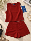 LENIA Women's Sleeveless Red Co-Ord Set | Round Neck Crop Top and Matching Shorts | Casual Summer Two-Piece Outfit