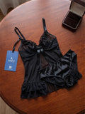 Women's Black Sheer Babydoll Lingerie Set with Ruffle Hem & Matching Panty ( 016 )