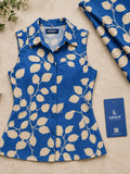 LENIA Women's Premium Cotton Sleeveless Printed Shirt – Blue & Beige Leaf Pattern