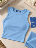 LENIA Women's Blue Sleeveless Crop Top – Round Neck Stretch Fitted Top