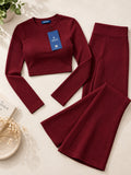 LENIA Women's Double Jersey Ribbed Co-Ord Set – Long Sleeve Crop Top & Flared Pants