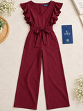 LENIA Women’s Maroon Heavy Vista Georgette Jumpsuit with Ruffle Sleeves and Waist Tie Belt