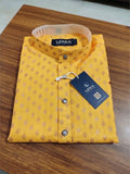 LENIA Men’s Yellow Printed Cotton Blend Kurta with Mandarin Collar