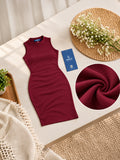 LENIA Women's Premium Soft Rib Sleeveless Bodycon Dress – Maroon High-Neck Knee-Length Dress