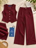 LENIA Women's Ruby Cotton Slub Co-Ord Set – Sleeveless Button-Front Vest & Wide-Leg Pants