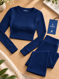 LENIA Women's Double Jersey Ribbed Co-Ord Set – Long Sleeve Crop Top & Flared Pants