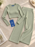 LENIA Women's Double Jersey Ribbed Co-Ord Set – Long Sleeve Crop Top & Flared Pants