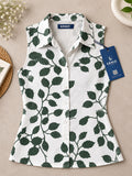 LENIA Women's Premium Cotton Sleeveless Printed Shirt – Blue & Beige Leaf Pattern