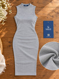 LENIA Women's Premium Soft Rib Sleeveless Bodycon Dress – Grey High-Neck Knee-Length Dress