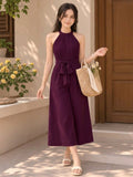 LENIA Women's Heavy Fabric Sleeveless Halter-Neck Jumpsuit with Waist Tie