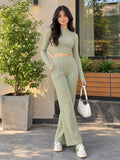 LENIA Women's Double Jersey Ribbed Co-Ord Set – Long Sleeve Crop Top & Flared Pants