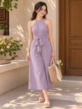 LENIA Women's Heavy Fabric Sleeveless Halter-Neck Jumpsuit with Waist Tie