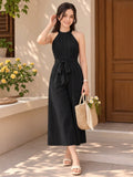 LENIA Women's Heavy Fabric Sleeveless Halter-Neck Jumpsuit with Waist Tie