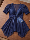 Women’s  Sheer Babydoll Nightdress with Lace Bodice and Puff Sleeves