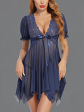 Women’s  Sheer Babydoll Nightdress with Lace Bodice and Puff Sleeves