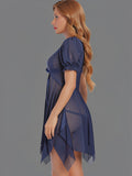 Women’s  Sheer Babydoll Nightdress with Lace Bodice and Puff Sleeves