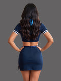 Women’s Navy Blue Airline-Inspired Lingerie Set with Crop Top and Side-Slit Skirt ( RDB56 )