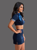 Women’s Navy Blue Airline-Inspired Lingerie Set with Crop Top and Side-Slit Skirt ( RDB56 )