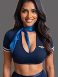 Women’s Navy Blue Airline-Inspired Lingerie Set with Crop Top and Side-Slit Skirt ( RDB56 )