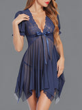 Women’s  Sheer Babydoll Nightdress with Lace Bodice and Puff Sleeves