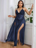 Women’s Lace Mesh Babydoll Nightdress with Side Slit Lingerie Gown