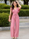LENIA Women’s Maroon Heavy Vista Georgette Jumpsuit with Ruffle Sleeves and Waist Tie Belt