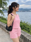 LENIA Women's Sleeveless Red Co-Ord Set | Round Neck Crop Top and Matching Shorts | Casual Summer Two-Piece Outfit