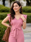 LENIA Women’s Maroon Heavy Vista Georgette Jumpsuit with Ruffle Sleeves and Waist Tie Belt