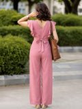 LENIA Women’s Maroon Heavy Vista Georgette Jumpsuit with Ruffle Sleeves and Waist Tie Belt