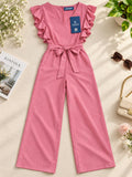 LENIA Women’s Maroon Heavy Vista Georgette Jumpsuit with Ruffle Sleeves and Waist Tie Belt
