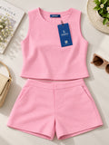 LENIA Women's Sleeveless Red Co-Ord Set | Round Neck Crop Top and Matching Shorts | Casual Summer Two-Piece Outfit