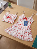 Women’s White Heart Print Babydoll Nightdress with Red Bow Detail ( RDB47 )