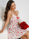 Women’s White Heart Print Babydoll Nightdress with Red Bow Detail ( RDB47 )