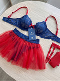 Women’s Blue Lace Lingerie Set with Red Sheer Garter Skirt and Matching Thong ( RDB58 )