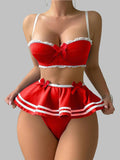 Women’s  Bow-Detail Lingerie Set with Ruffle Trim and Mini Skirt