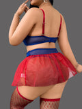 Women’s Blue Lace Lingerie Set with Red Sheer Garter Skirt and Matching Thong ( RDB58 )