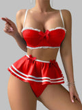 Women’s  Bow-Detail Lingerie Set with Ruffle Trim and Mini Skirt