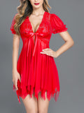 Women’s  Sheer Babydoll Nightdress with Lace Bodice and Puff Sleeves