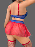 Women’s Blue Lace Lingerie Set with Red Sheer Garter Skirt and Matching Thong ( RDB58 )